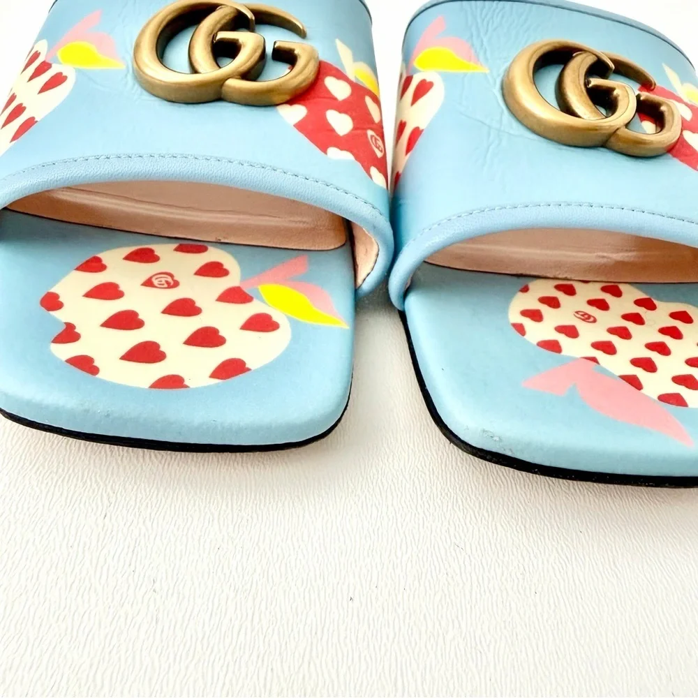 GUCCI || Blue Apple Print GG Marmont Slide Sandals Flats EU 37